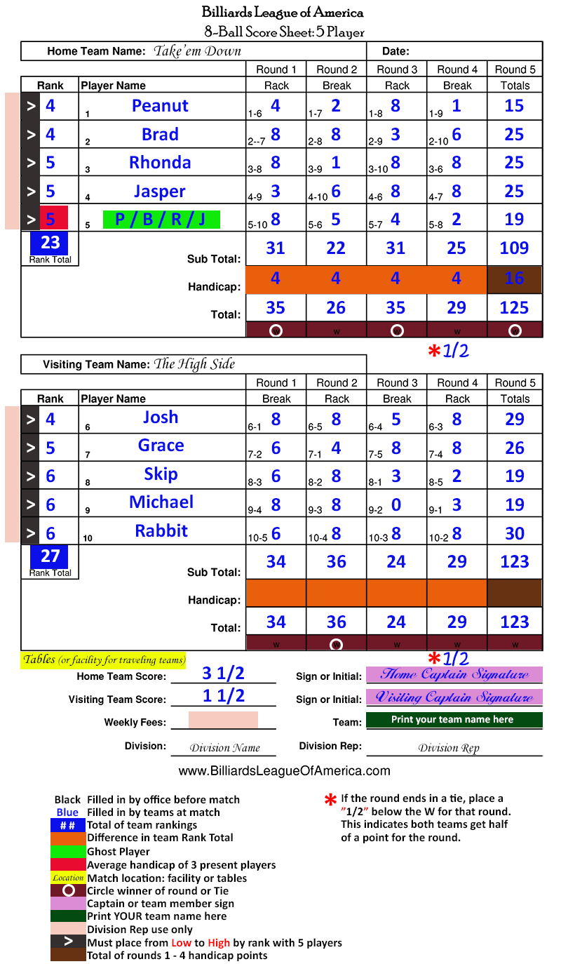 8 Ball Score Sheets